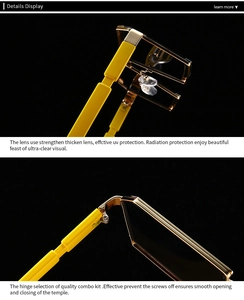Detail of yellow temples with durable gold hinges and thickened UV protection lenses
