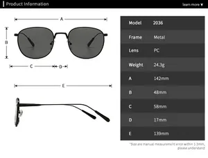 Size specifications chart for retro round metal sunglasses model 2036 with measurements