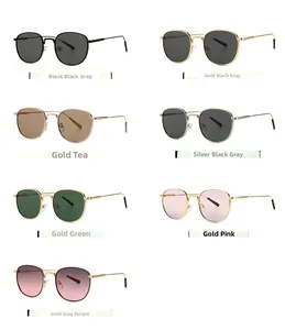 Detailed grid of vintage metal round sunglasses in seven diverse frame and lens colors