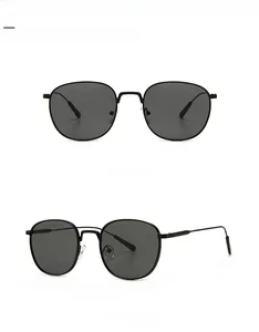 Front and side macro views of round metal frame sunglasses in black finish