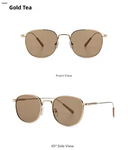 Retro round metal sunglasses in gold tea finish with front and side views detail