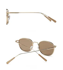 Detailed side and back views of gold round sunglasses with brown lenses and metal frame