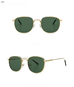 Retro oval sunglasses with thin gold metal frames and dark green lenses in dual views