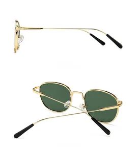 Side and back view of retro round sunglasses with gold metal frame and dark green lenses