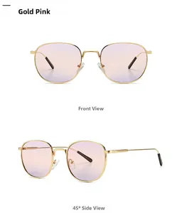 Front and profile views of round metal sunglasses with pink gradient lenses and gold frames