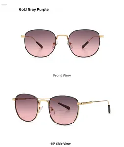 Front and side view of vintage round metal sunglasses with gold gray purple gradient lenses
