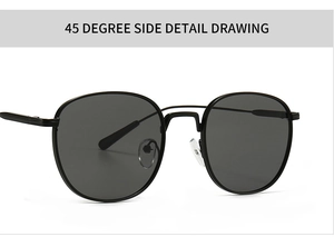 45-degree side view of round metal sunglasses featuring grey lenses and silicone nose pads
