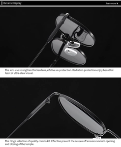 Detail of durable metal hinges and thick UV protection lenses on retro round sunglasses