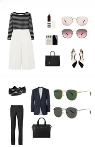 Modern round sunglasses styled in professional men and women fashion catalog outfits