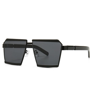 Modern oversized black square frame sunglasses with dark grey lenses and industrial hinges