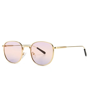 Retro round metal sunglasses with gold frame and gradient pink-purple lenses