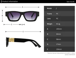 Detailed size chart for retro square sunglasses with frame and lens measurements