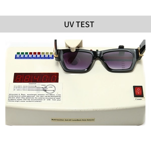 Detail showing UV400 test on black square sunglasses with purple gradient lenses