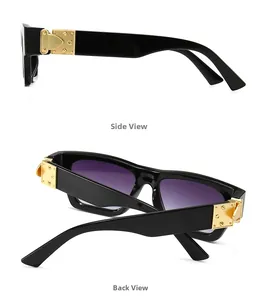 Detail view of black rectangular sunglasses with vintage gold lock hinges and purple lenses