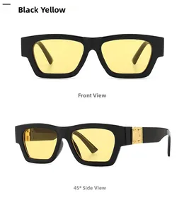 Retro rectangle sunglasses with black frames, yellow lenses and gold metal details