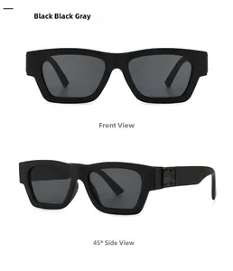 Front and side view of modern matte black square sunglasses with dark gray lenses