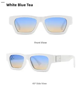 Front and side views of white rectangular sunglasses with blue-to-tea gradient lenses