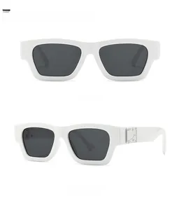 Front and side view of white rectangular sunglasses with silver metal hinges and dark lenses