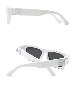 Side and back view of white rectangular sunglasses with silver metal rivet accents