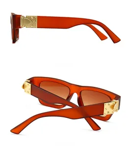 Detail of amber sunglasses with wide temples and ornate gold metal hinge decorations