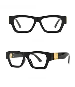 Front and 45-degree views of retro thick-frame sunglasses with gold metal hinges