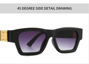 Detail view of black square frame sunglasses with purple gradient lenses and gold rivets