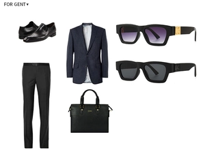 Flat lay of men's business fashion set with black suit, leather shoes, and sunglasses