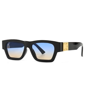 Modern oversized square sunglasses with black frame and blue-yellow gradient lenses