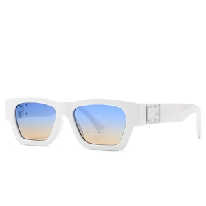 Modern square oversized sunglasses with white frames and blue-orange gradient lenses