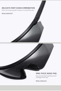 Detail of durable hinges and comfortable one-piece nose pads on TR polarized sunglasses