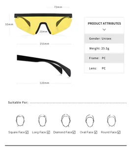 Size chart and dimensions for men's polarized TR sports sunglasses with yellow lenses