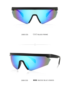 Detail view of TR90 sports sunglasses with matte black frame and dazzle blue lenses