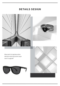 Macro detail of men's square polarized sunglasses and triangular case metal watch