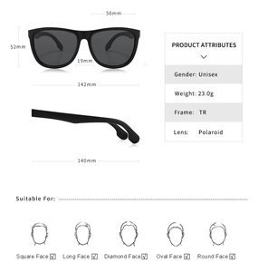 Detailed size guide for black polarized TR sunglasses showing precise frame measurements