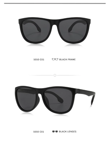 Detailed views of matte black TR square polarized sunglasses showing front and side angles