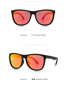 Detail view of model 5050 C02 featuring matte black frame and orange mirrored lenses