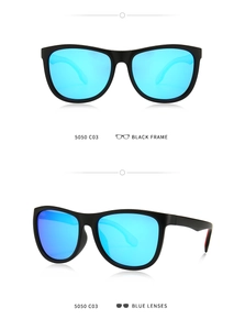 Detail view of TR square sunglasses featuring black frames and blue polarized lenses