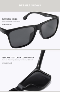 Detail of matte black TR square sunglasses with hinge hardware and CE marking