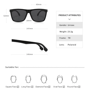 Detailed size chart for TR polarized square sunglasses with frame and lens dimensions