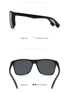 Detail view of polarized sunglasses frame 5049 C01 with black legs and dark grey lenses