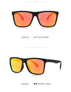 Close-up of classic square men's sunglasses with black frame and orange mirrored lenses