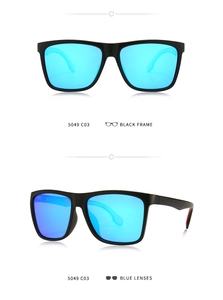 Detail of square polarized sunglasses with matte black frames and blue mirrored lenses