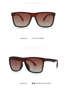Detail view of square tea frame sunglasses 5049 C04 with double tea lenses and red temple