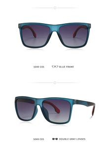 Detail view of square blue matte TR frame sunglasses with double gray gradient lenses