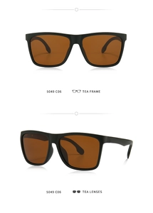 Detail view of square polarized sunglasses with tea lenses and matte black frame