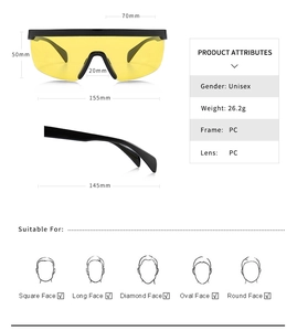 Detailed specs of yellow lens sports sunglasses with PC frame and dimensions for men