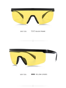 Detail view of model 1657 C01 sports sunglasses with black frame and yellow lenses