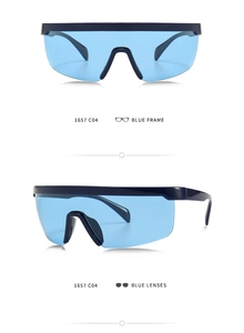 Detail view of model 1657 C04 sports sunglasses with blue frame and blue lenses