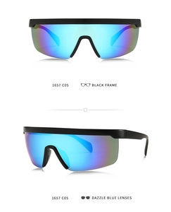 Detail view of TR polarized sports sunglasses with blue mirrored lenses and black frame