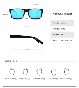 Detailed specs of square TR90 polarized sunglasses with dimensions and blue TAC lenses